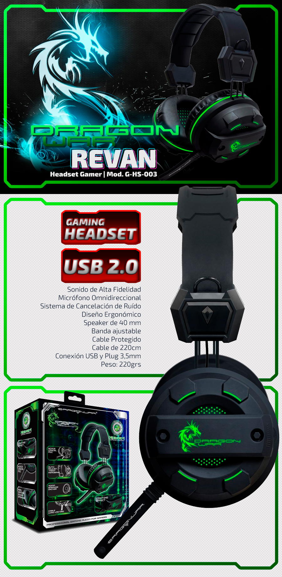 DragonWar Revan Headset Gamer G-HS-003 Luces LED